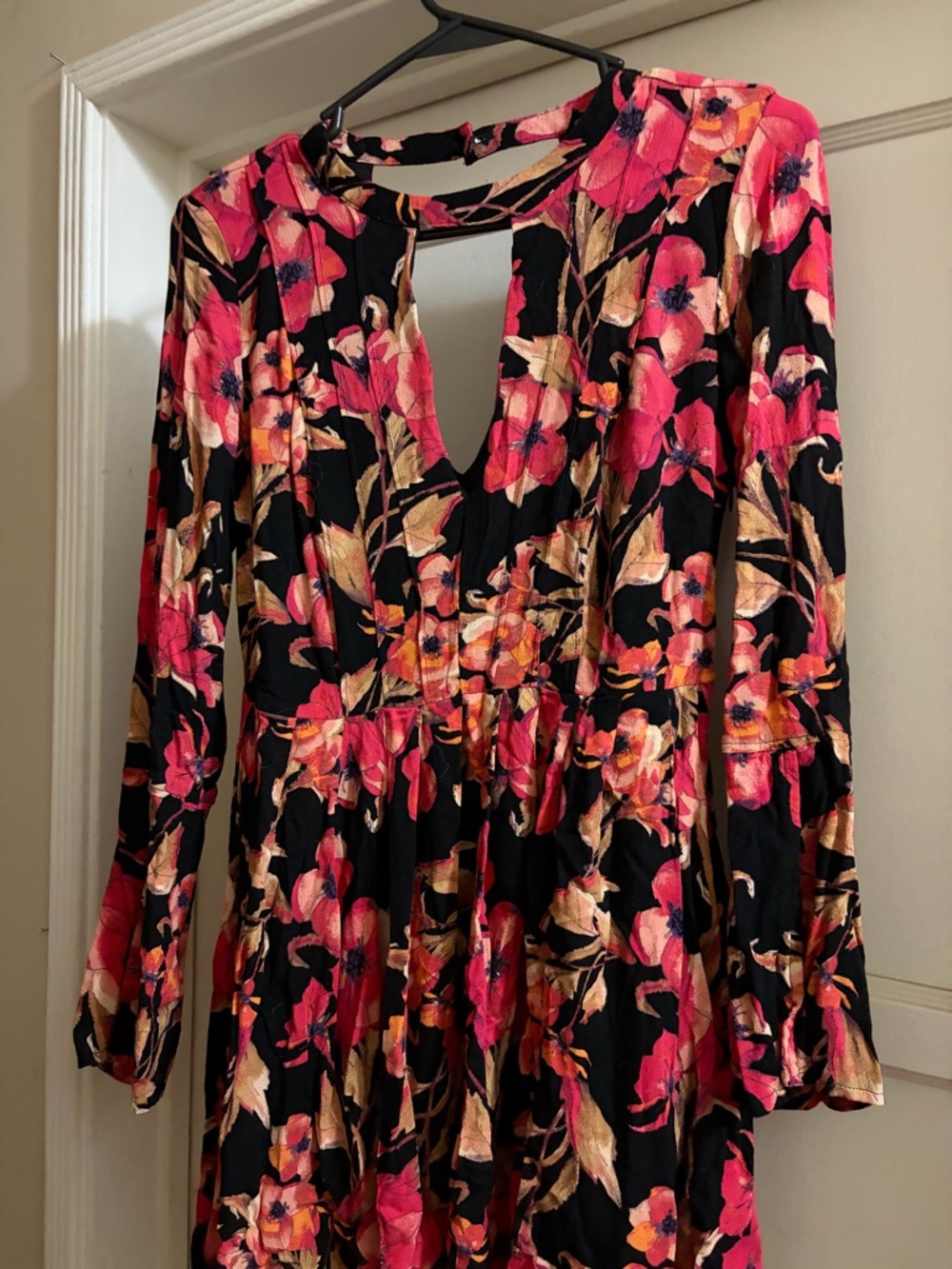 Free People Floral Keyhole Long-Sleeve Dress - Black/Coral